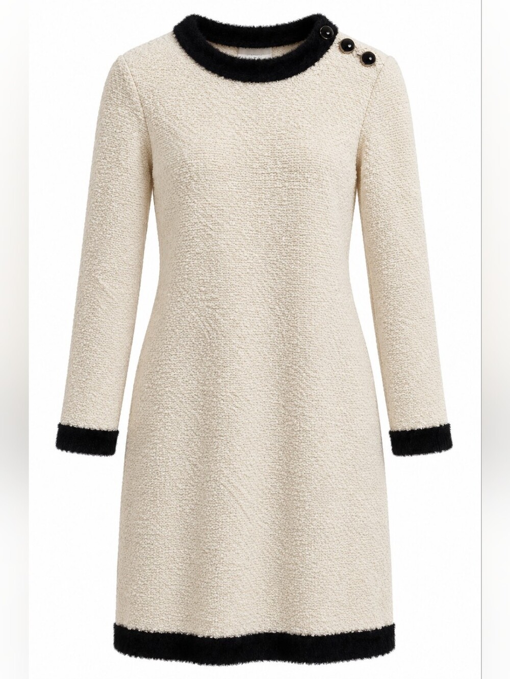 Cream Bouclé Long-Sleeve Shift Dress with Black Trim